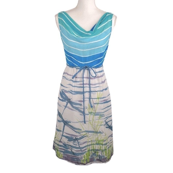 We Vera Blue & White Striped Dragonfly Print Sleeveless Summer Midi Dress Size 2 - Picture 1 of 6